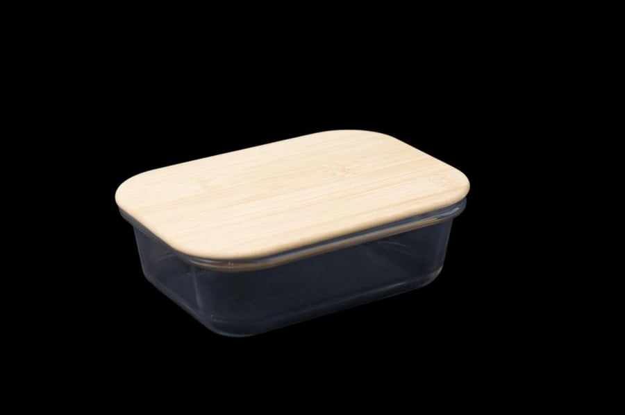 Glass food container with wooden lid