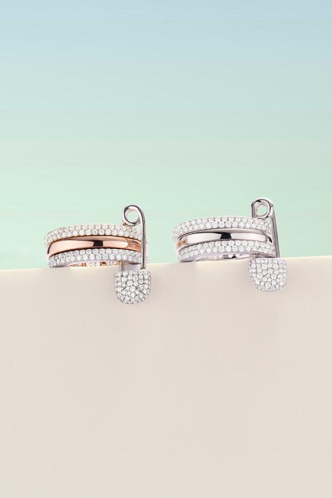 LOVE, SMILE, BONHEUR TRIPLE HOOP SAFETY PIN RING