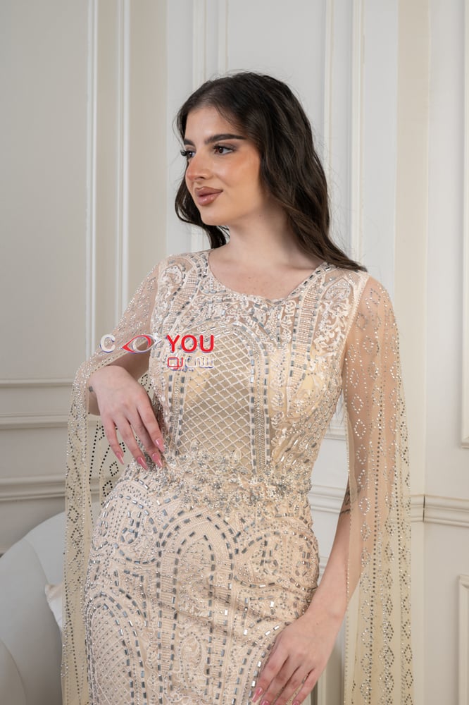 فستان سهرة شامبين راقٍ بتطريز لامع وقصة ناعمة مع أكمام شفافة.