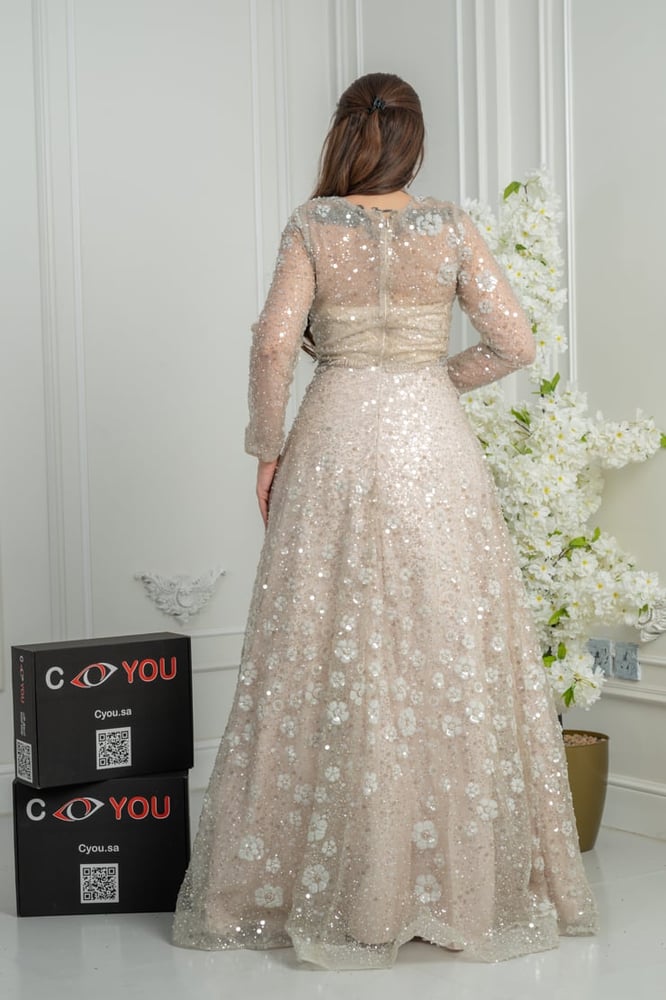 Royal nude evening dress with long sleeves