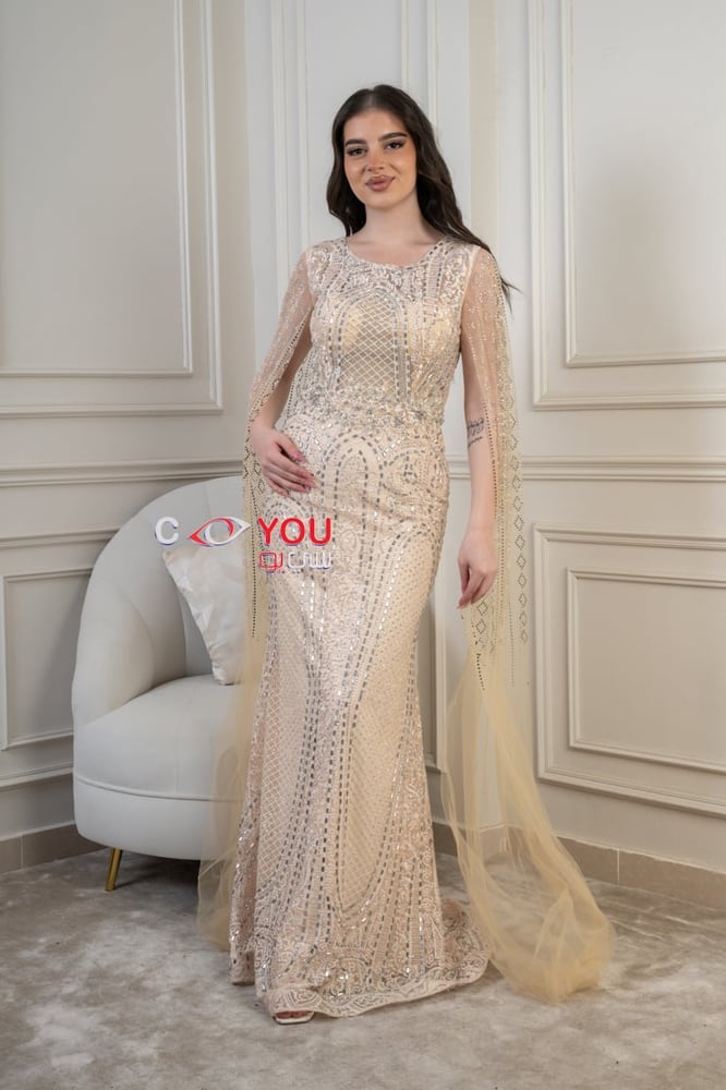 فستان سهرة شامبين راقٍ بتطريز لامع وقصة ناعمة مع أكمام شفافة.