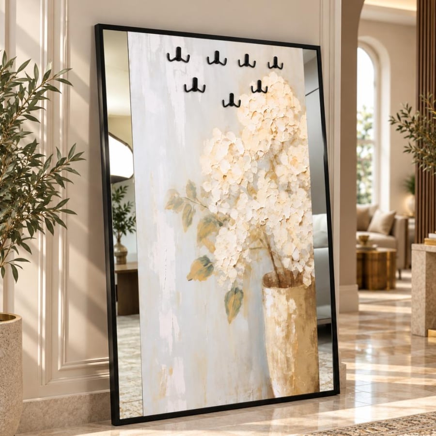 لوحة ديكورية زهرية بمرآة جانبية وخطافات – تصميم هادئ وفاخر