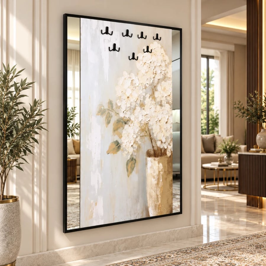 لوحة ديكورية زهرية بمرآة جانبية وخطافات – تصميم هادئ وفاخر