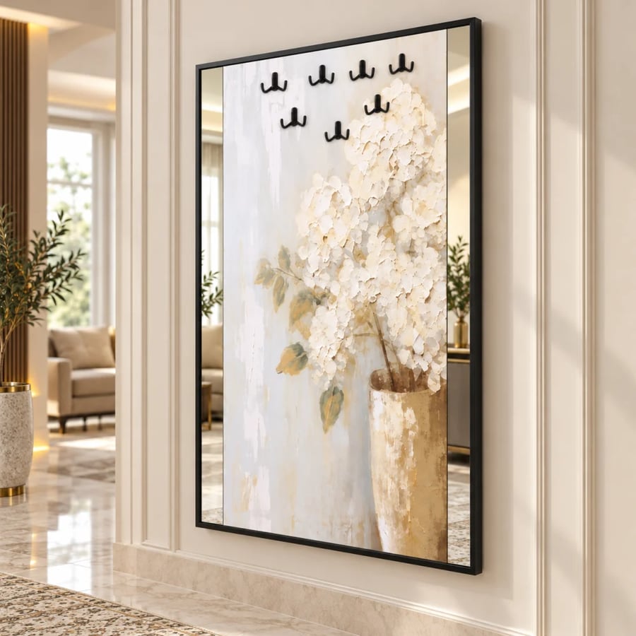 لوحة ديكورية زهرية بمرآة جانبية وخطافات – تصميم هادئ وفاخر