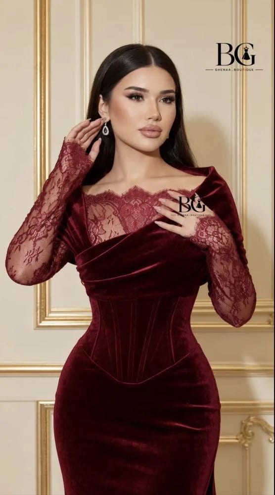 فستان سهره مخمل عنابي