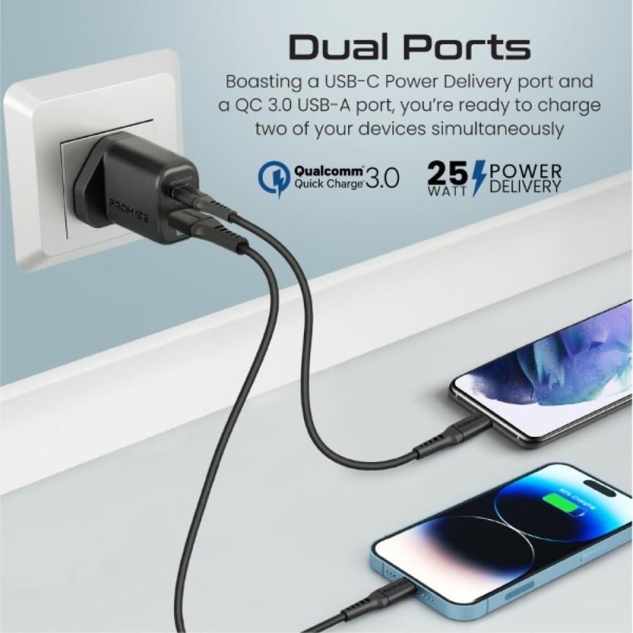 شاحن جداري ChargeKit-25PDi من Promate — بقدرة 25 واط بمنفذي PD و QC 3.0 مع كابل لايتنينج سيليكون 27 واط