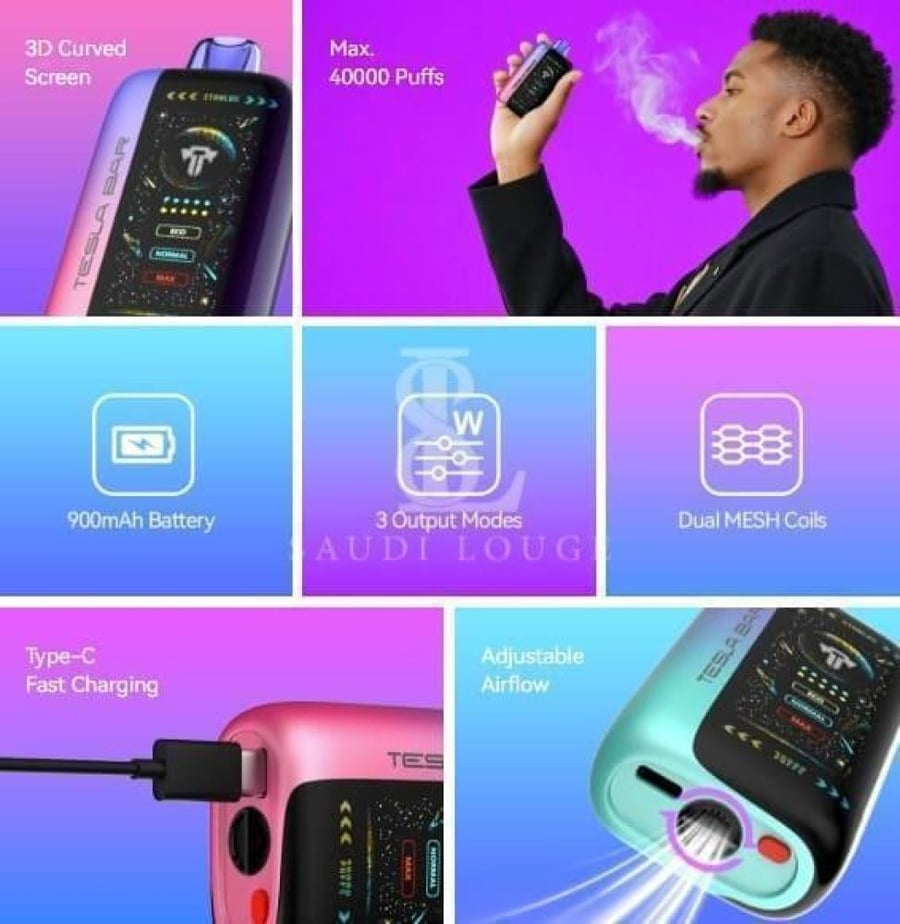 سحبة تسلا بار اكس تي 40 الف موشة بطيخ ايس TESLA BAR XT 40000 PUFFS LUS