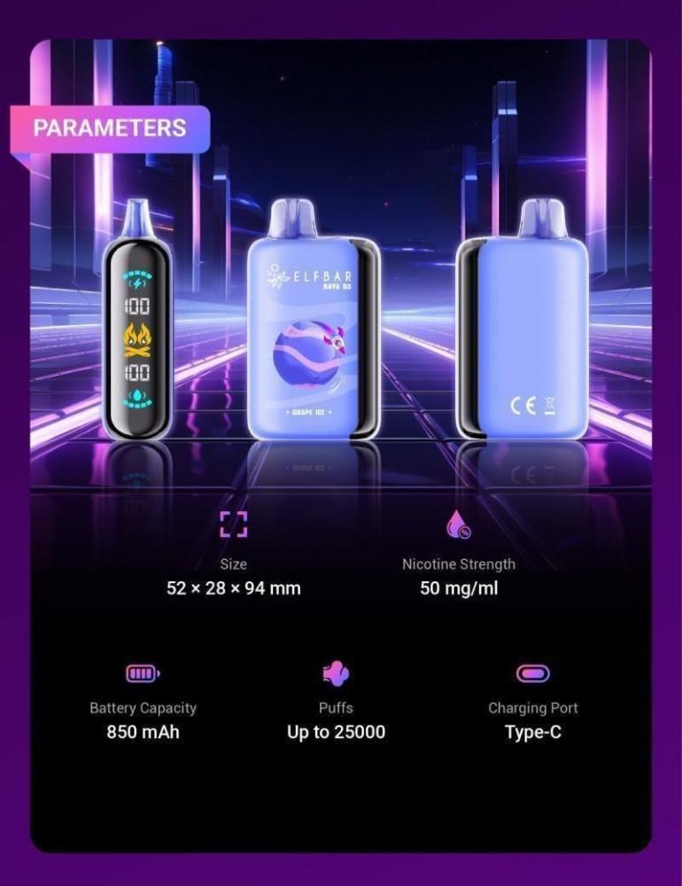 سحبة الف بار 25000 سحبة عنب ايس Elf bar Raya D3 25000 Puffs Disposable