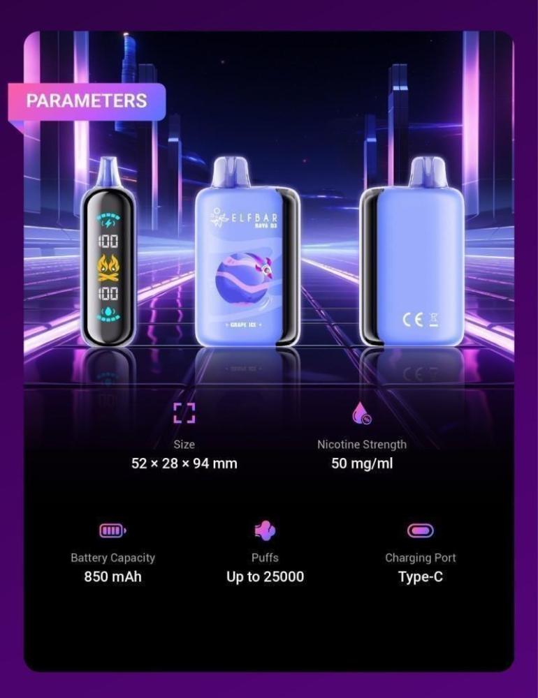 سحبة الف بار 25000 سحبة بطيخ ايس Elf bar Raya D3 25000 Puffs Disposabl