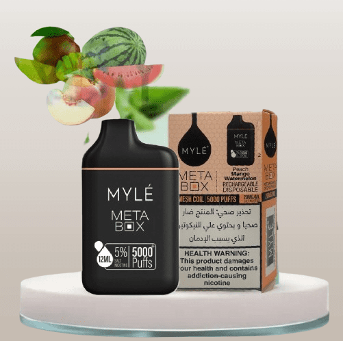 سحبة مايلي 5000 موشة بطعم خوخ مانجو وبطيخ MYLE 5000 PUFFS META BOX DIS