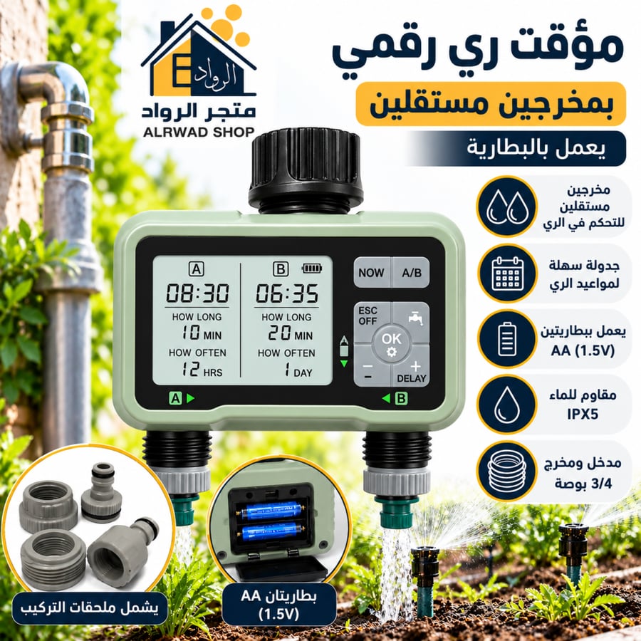 مؤقت ري رقمي ذكي بمدخلين، مقاوم للماء IPX5، تايمر تلقائي يدوي لتشغيل الحدائق والمزارع، مع خاصية تأخير المطر وقفل للأطفال.