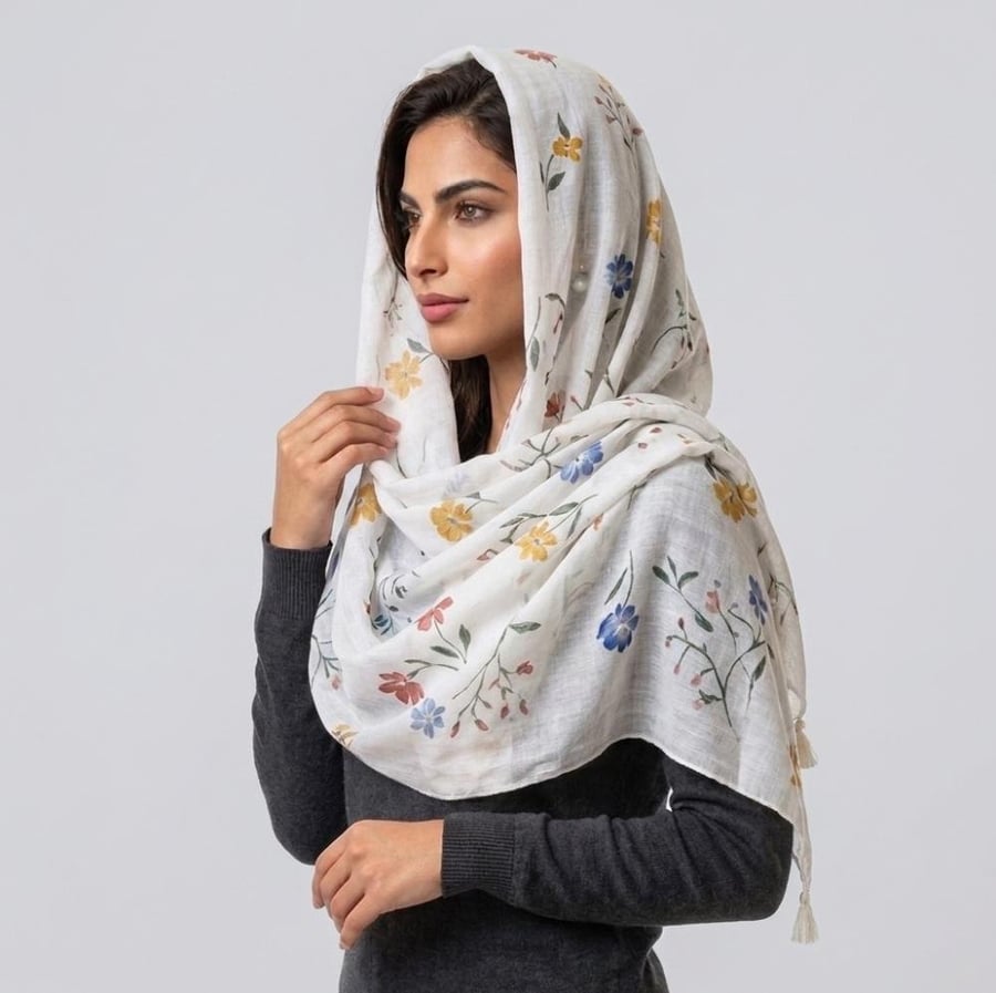 طرحة بيضاء برسمات زهور ملونه