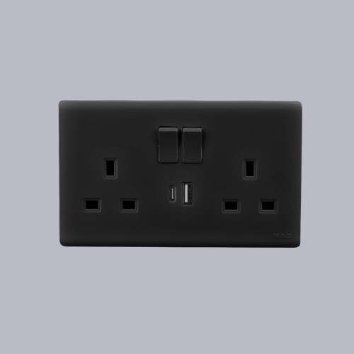 فيش حائط أسود بيوانو 13 أمبير مع مفتاحين ومنافذ USB وType C