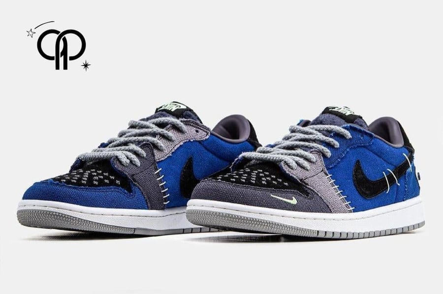 حذاء رجالي نايك رمادي مع ازرق a pair of Nike Air Jordan 1 Retro Low OG Zion Williamson Voodoo Alternate sneakers with canvas and suede material in a mix of blue, grey, black, and white colors