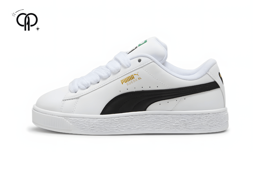 حذاء نسائي بوما ابيض مع اسود white and black Puma Suede XL leather sneaker.