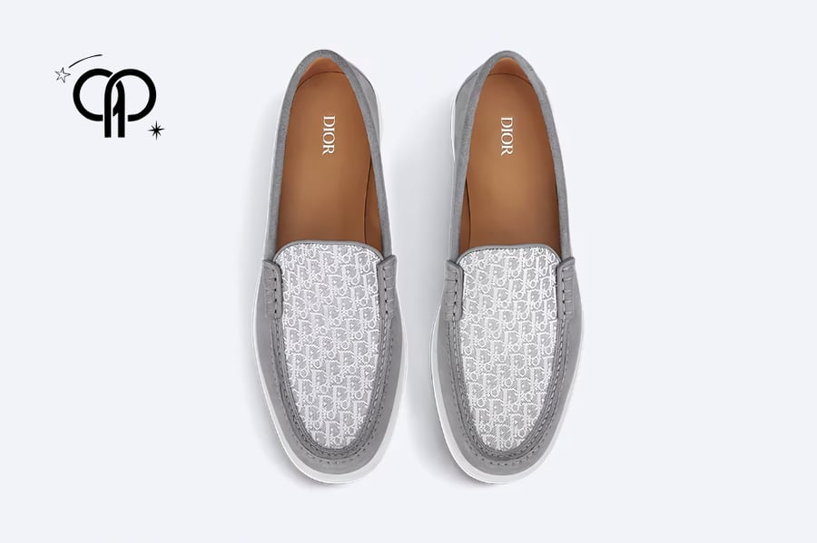 حذاء رجالي ديور رمادي Dior Granville loafer in gray suede and Dior Oblique jacquard.
