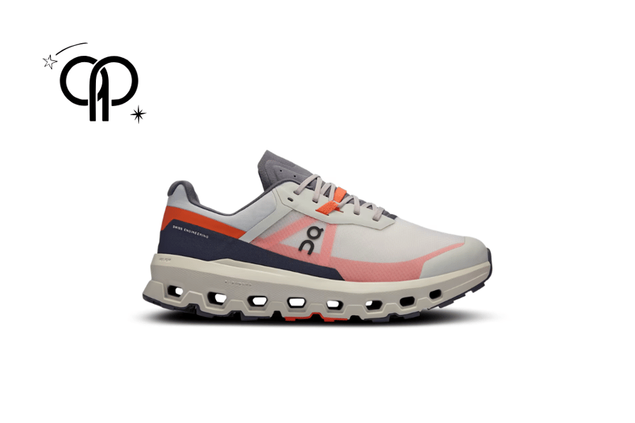 حذاء نسائي اون رانينج رمادي مع اورانج On Running Cloudvista 2 trail running shoe in the Ice/Flame colorway.
