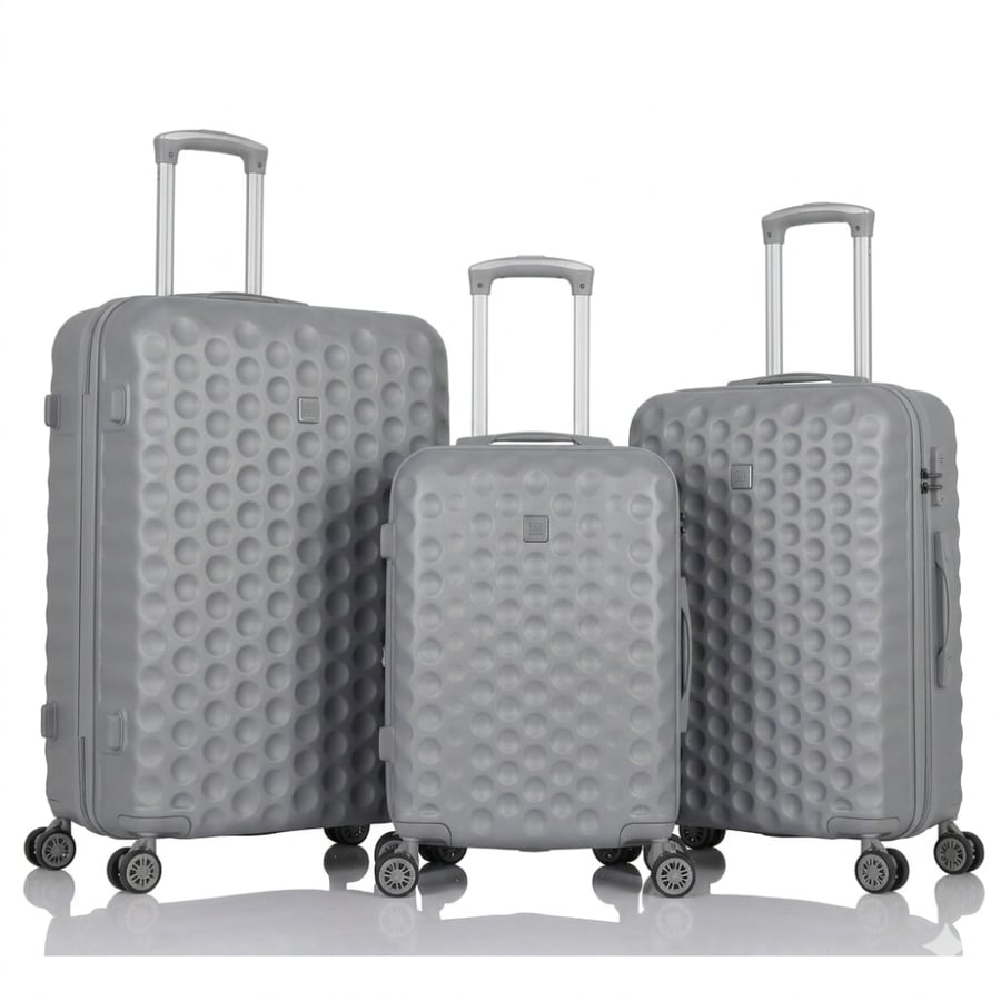 A set of hard travel bags with wonderful and elegant geometric patterns, 3 pieces, made of lightweight ABS, large sizes with additional expansion zipper, silver.