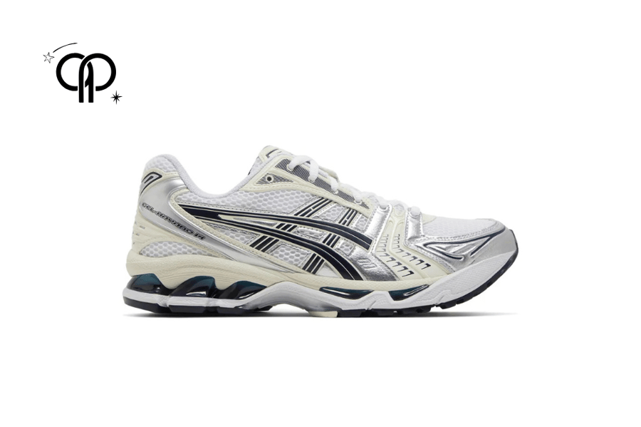 حذاء رجالي اسيكس ابيض مع رمادي the ASICS GEL-Kayano 14 in the "White Midnight" colorway.