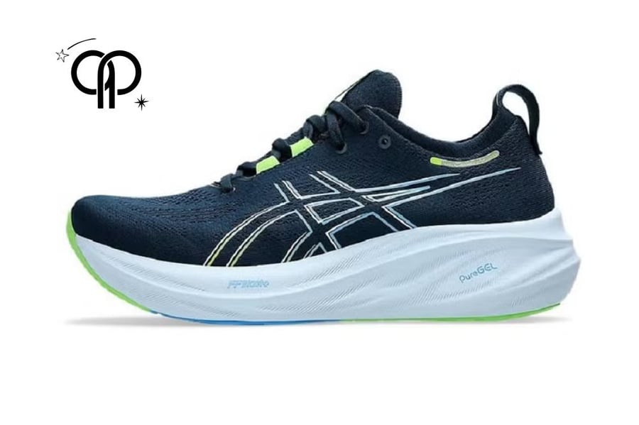 حذاء رجالي اسيكس كحلي an Asics Gel-Nimbus 26 running shoe in a dark blue/black colorway with white and lime green accents.