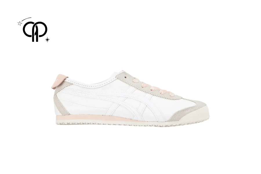 حذاء نسائي اسيكس ابيض مع رمادي مع بينك  a pair of Onitsuka Tiger Mexico 66 sneakers in white.