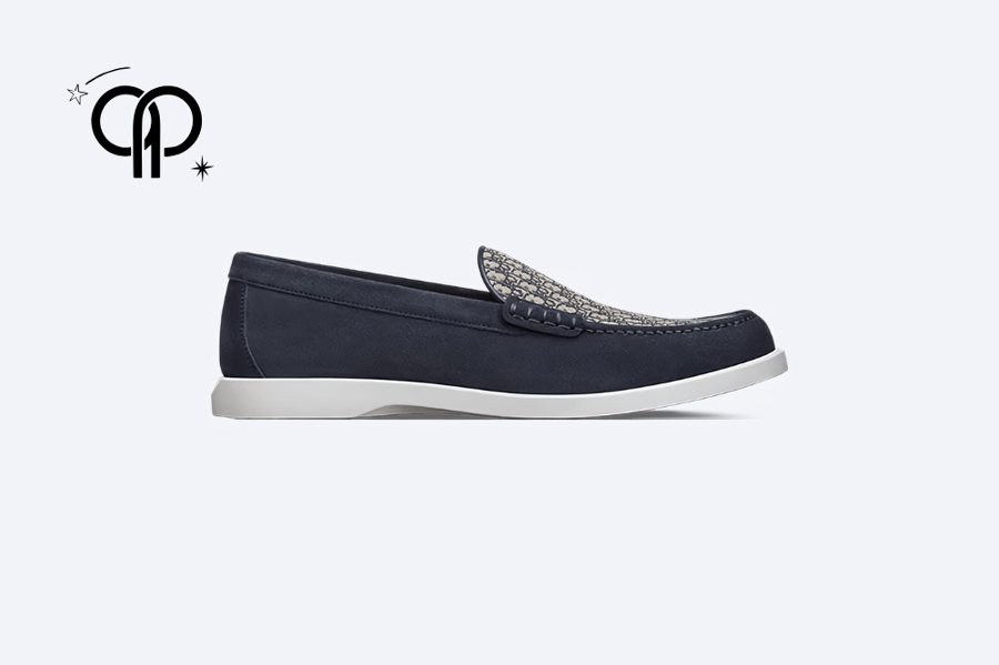 Men's Dior shoe, dark blue, Dior Granville loafer in navy blue suede with beige and black Dior Oblique jacquard