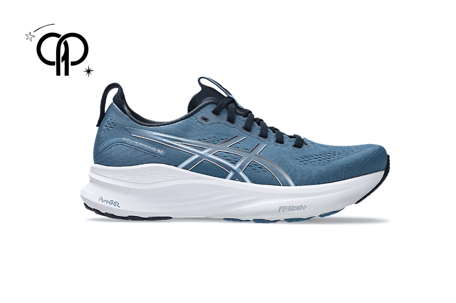 Men's shoe Asics white with dark blue Gel-Kayano 32 running shoe in a blue colorway.