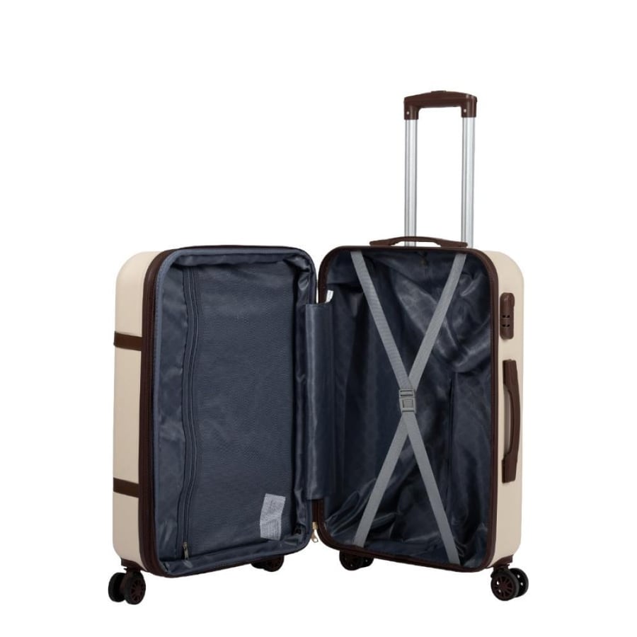Travel luggage set against breaking 3 pieces made of polycarbonate PC expandable with brown frame, beige cream