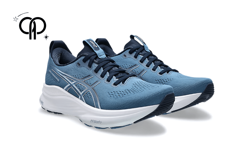 Men's shoe Asics white with dark blue Gel-Kayano 32 running shoe in a blue colorway.