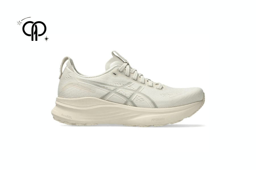 حذاء رجالي اسيكس رمادي an ASICS GEL-KAYANO 32 running shoe in an oatmeal and meteor grey colorway.