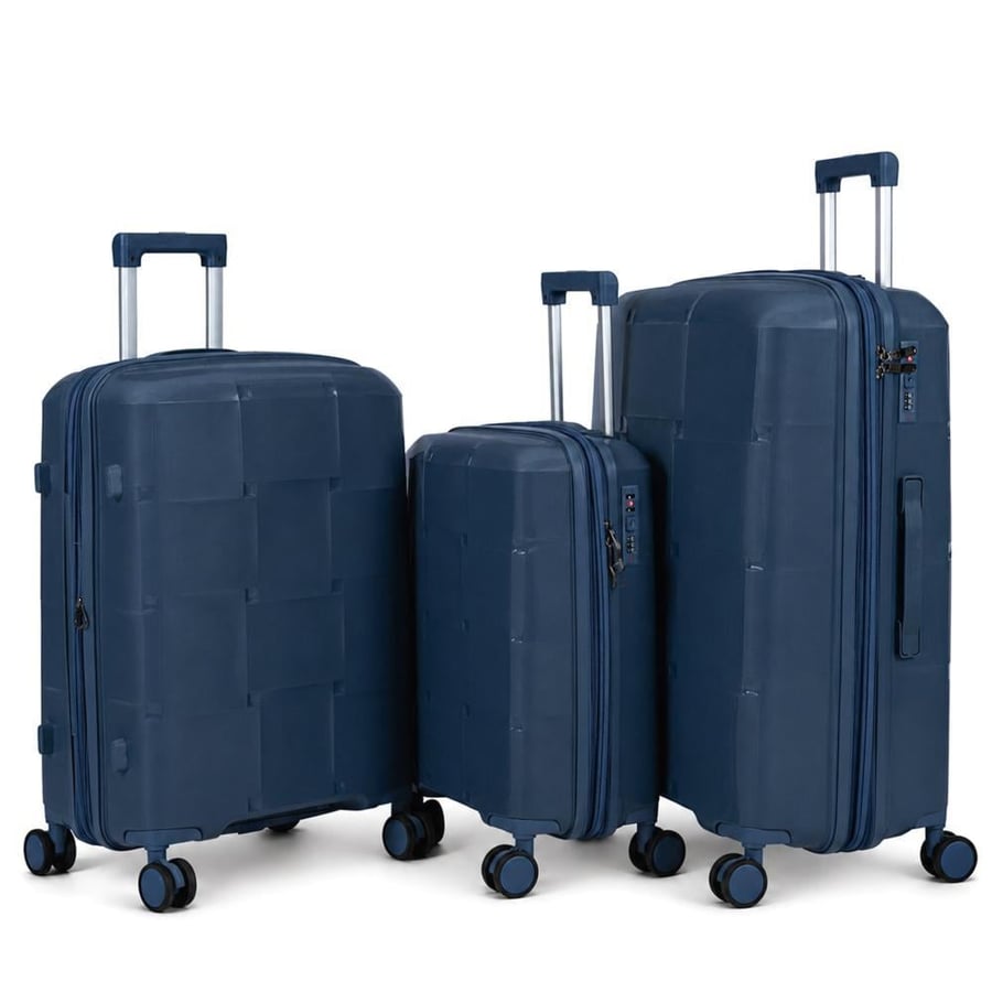 Travel luggage set against breaking 3 pieces made of strong polypropylene material with unique geometric design with additional expansion zipper, Navy