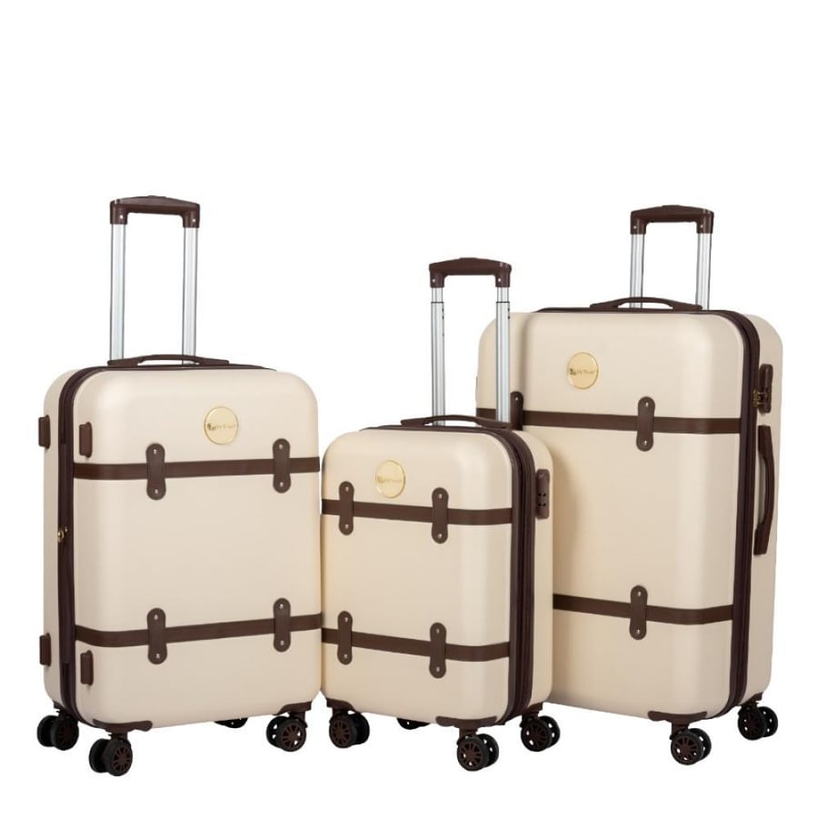Travel luggage set against breaking 3 pieces made of polycarbonate PC expandable with brown frame, beige cream