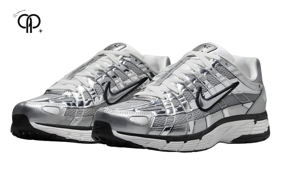حذاء نسائي نايك سلفر لامع Nike P-6000 sneaker in a metallic silver and white colorway