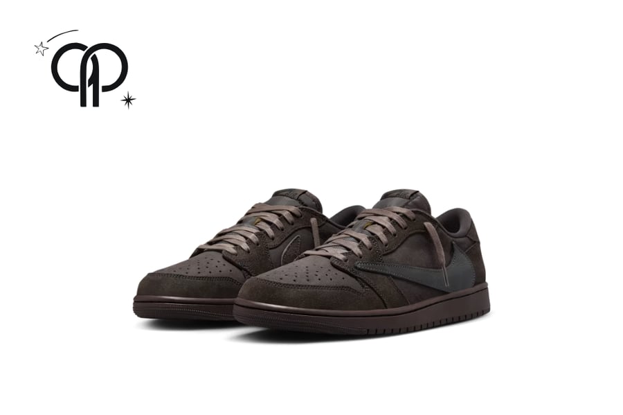 حذاء نسائي نايك بني a Nike Air Jordan 1 Retro Low OG SP Travis Scott "Velvet Brown/Dark Mocha" sneaker.