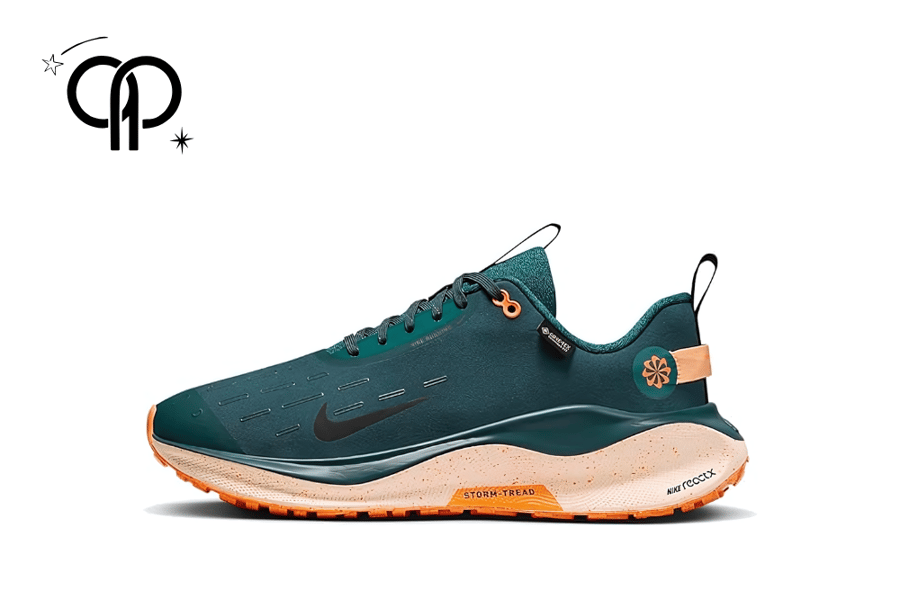 حذاء رجالي نايك اخضر داكن a Nike ReactX Infinity Run 4 GORE-TEX shoe in a Vintage Green/Dark Raisin/Green Frost/Bright Crimson colorway
