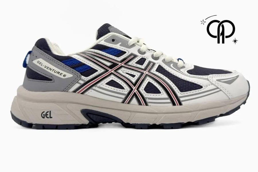 حذاء رجالي اسيكس أبيض مع أزرق an ASICS GEL-VENTURE 6 sneaker in a white, grey, and blue colorwa