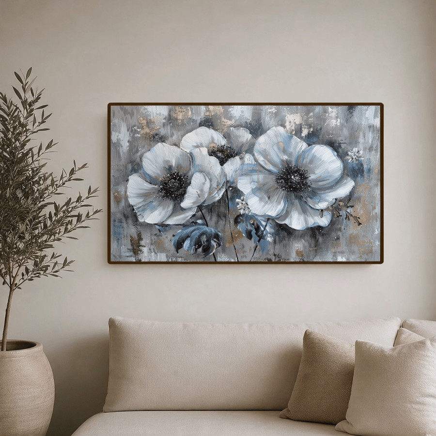 لوحة جدارية - زهور رمادية وذهبية