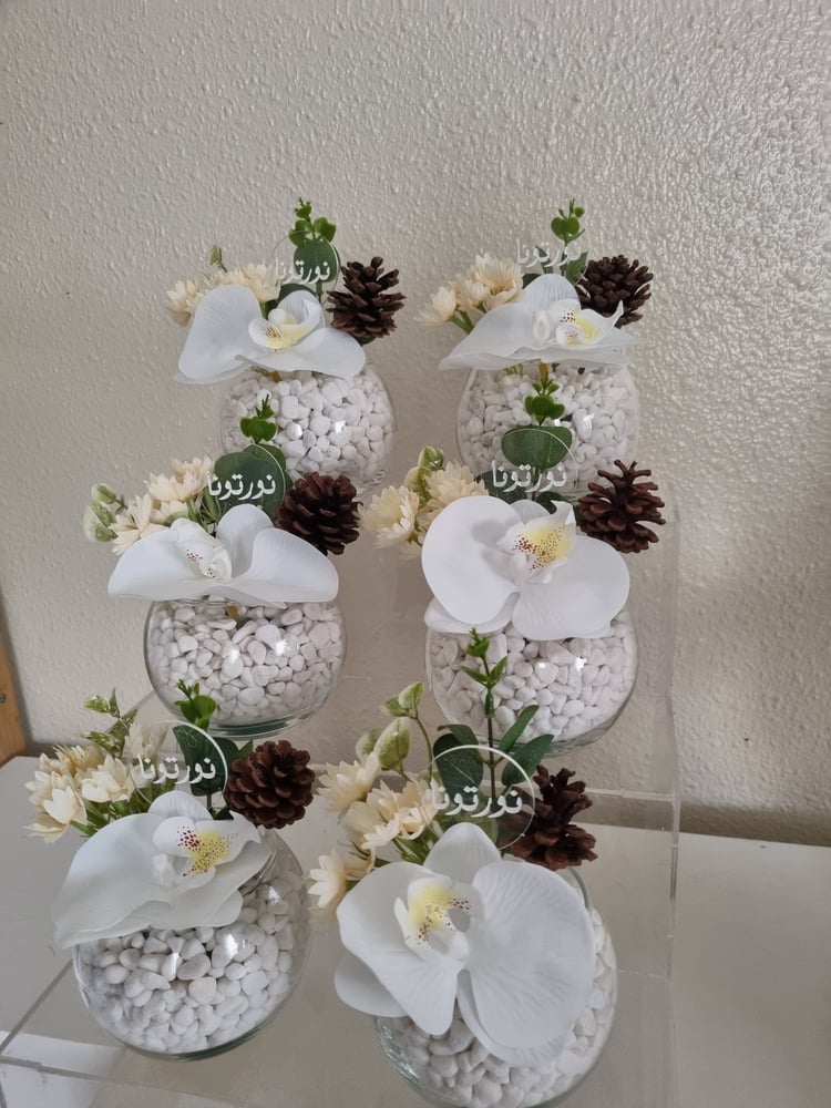 فازة صغيرة أبيض + ورد الصنوبر