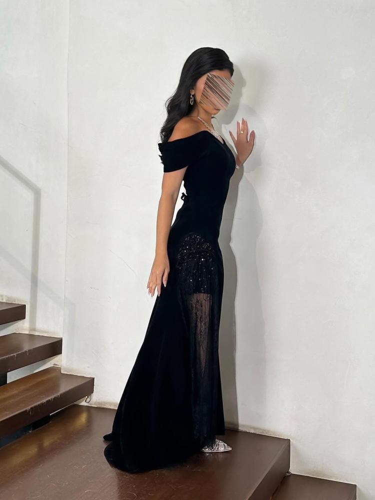 Black evening dress with embroidered lace