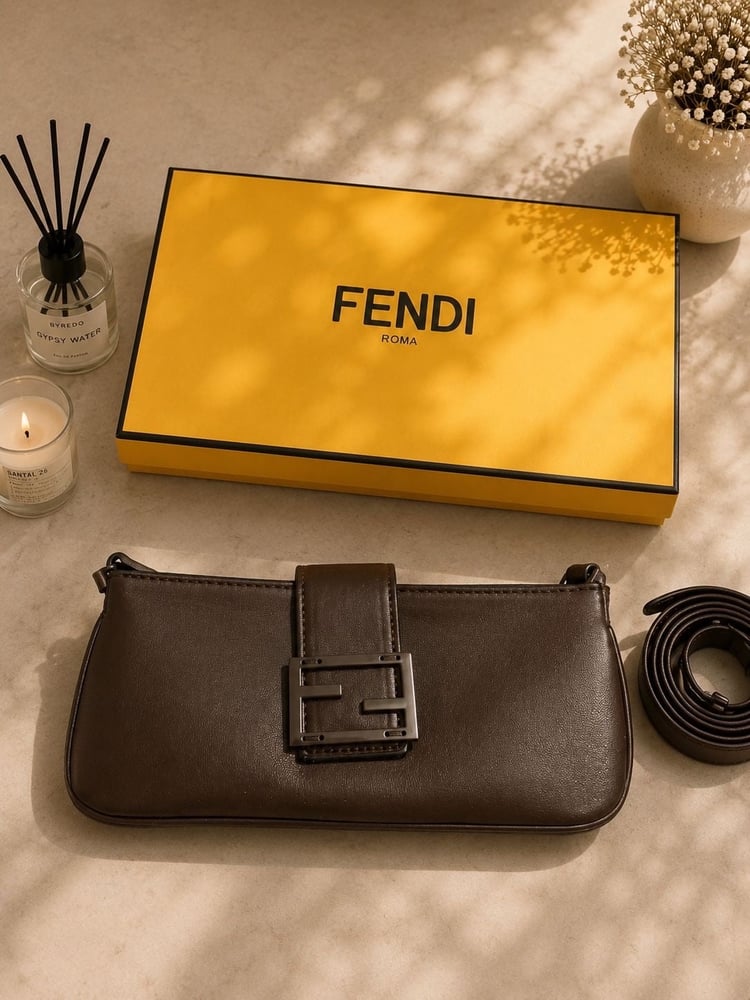 Fendi bag, leather, dark brown color