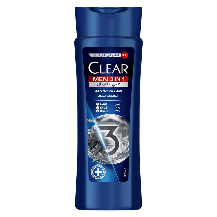 Clear Men 3 in 1 Shampoo, Body & Face Wash with Activated Charcoal - 200 ml