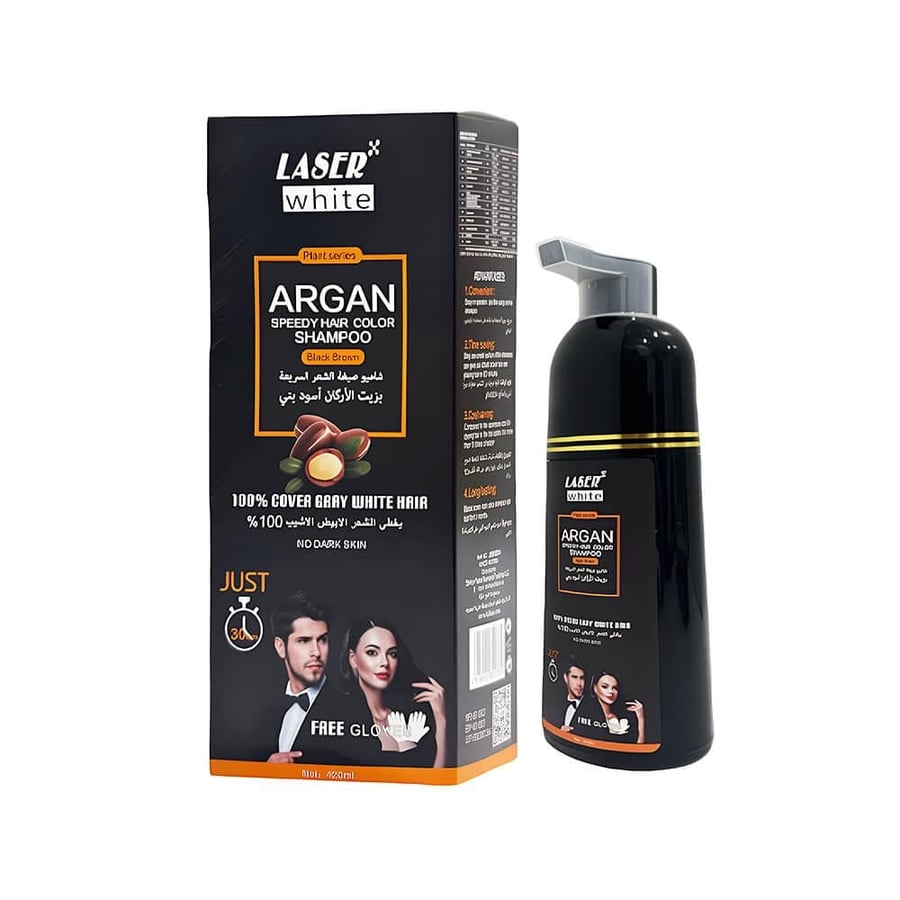 Laser White Shampoo Hair Dye with Argan Oil to Cover Grey Hair Black Brown 420 ml