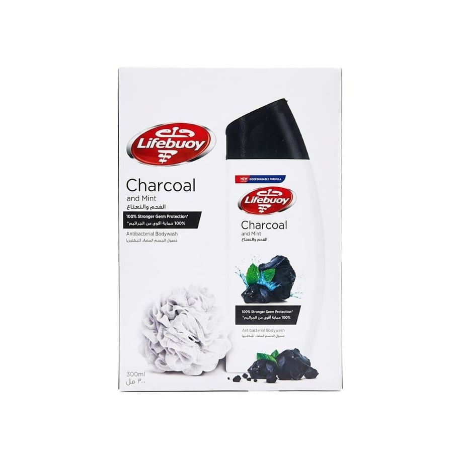 Lifebuoy Antibacterial Body Wash with Charcoal & Mint and Loofah - 300ml