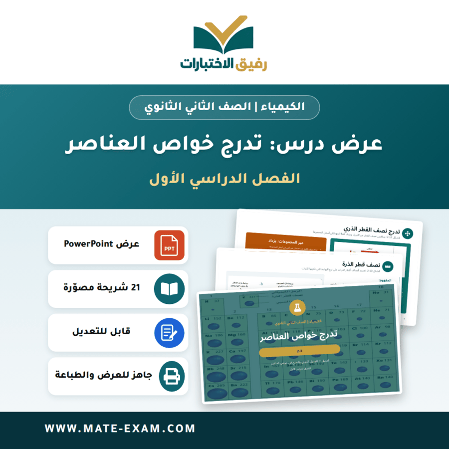 عرض درس تدرج خواص العناصر - الكيمياء الصف الثاني الثانوي - الفصل الدراسي الأول