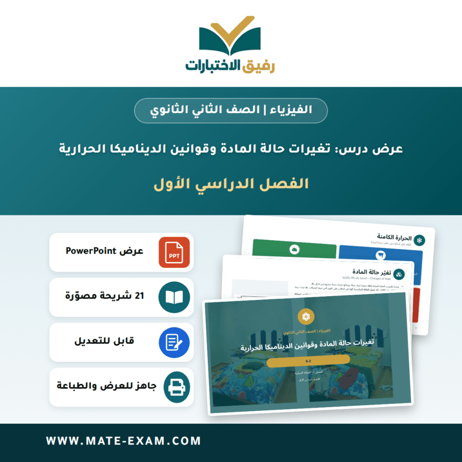 عرض درس تغيرات حالة المادة وقوانين الديناميكا الحرارية - الفيزياء الصف الثاني الثانوي - الفصل الدراسي الأول