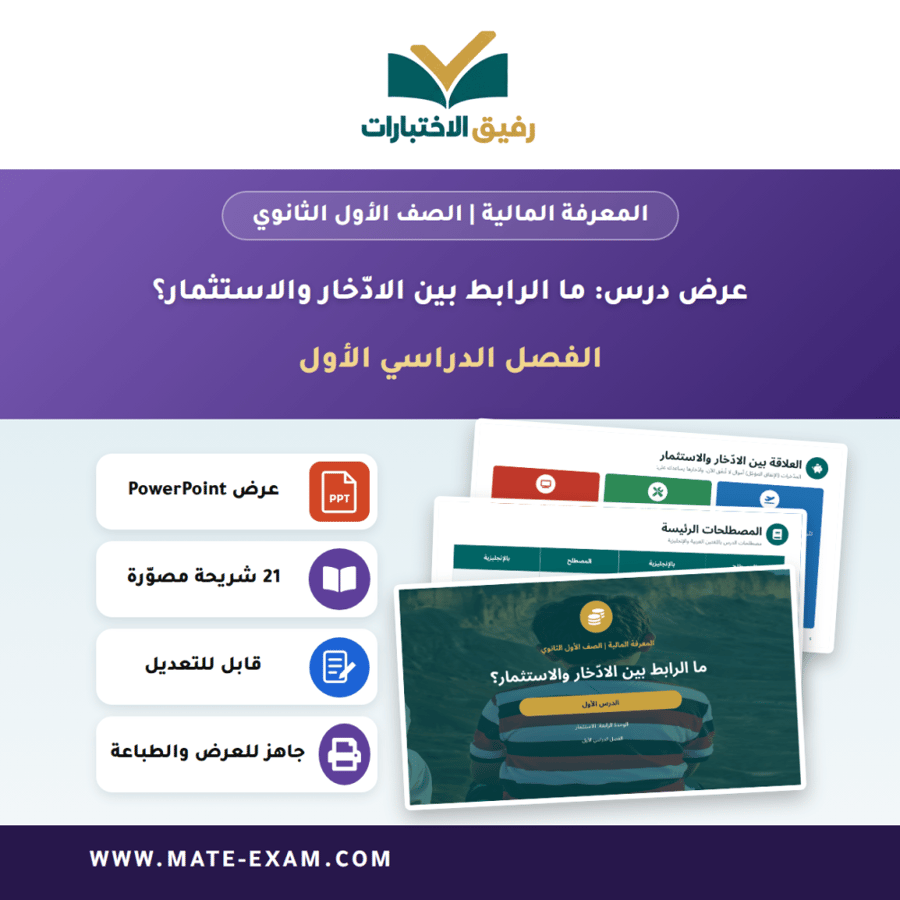 عرض درس ما الرابط بين الادّخار والاستثمار؟ - المعرفة المالية الصف الأول الثانوي - الفصل الدراسي الأول