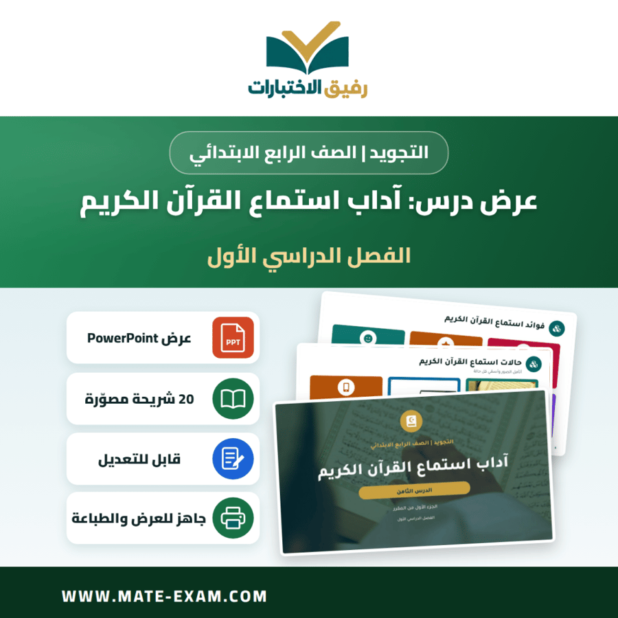 عرض درس آداب استماع القرآن الكريم - التجويد الصف الرابع الابتدائي - الفصل الدراسي الأول