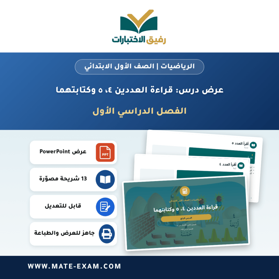 عرض درس قراءة العددين ٤، ٥ وكتابتهما - الرياضيات الصف الأول الابتدائي - الفصل الدراسي الأول