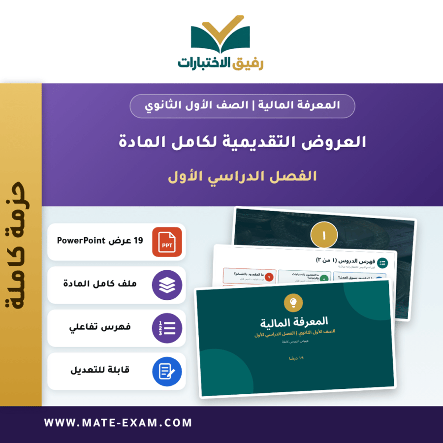 العروض التقديمية لكامل مادة المعرفة المالية - الصف الأول الثانوي - الفصل الدراسي الأول (19 درسًا)