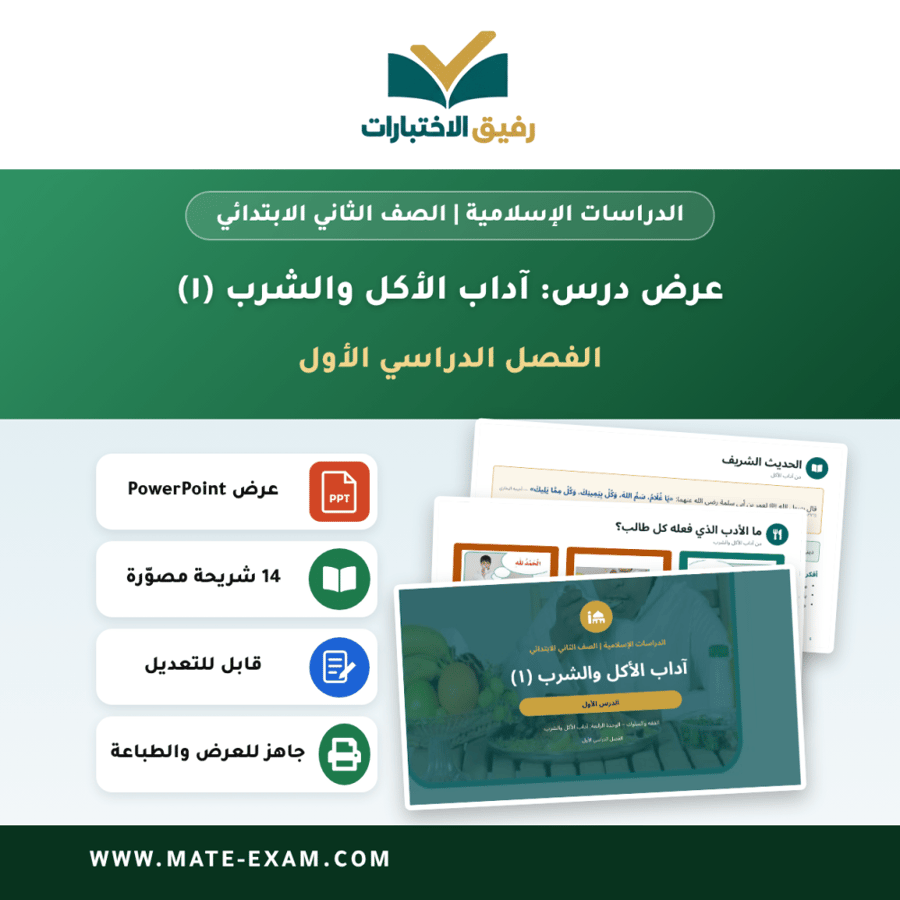 عرض درس آداب الأكل والشرب (١) - الدراسات الإسلامية الصف الثاني الابتدائي - الفصل الدراسي الأول